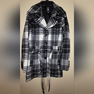 Miss Ashley Women's Black Plaid Button Down Belted Jacket Size L
